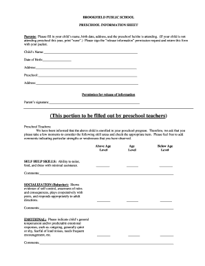 Preschool Information Sheet