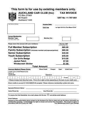 Auckland Car Club Membership Invoice