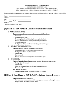 Subaru Oil Consumption Reimbursement Claim Form