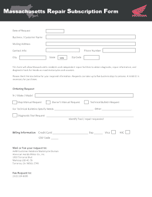 Massachusetts Honda Repair Information Request Form