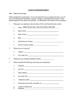 Client Interview Sheet for Family Law