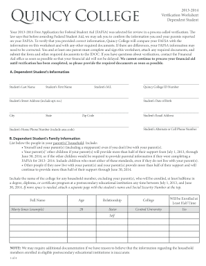 Quincy College Verification Worksheet