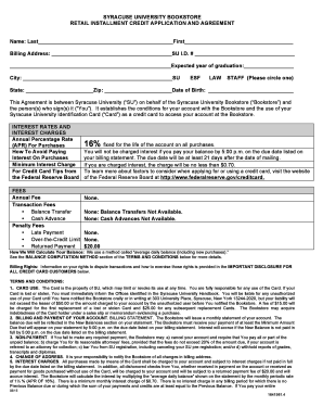 Syracuse University Bookstore Retail Installment Credit Application and Agreement