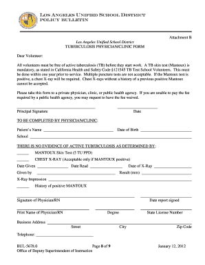 Los Angeles Unified School District Tuberculosis Physician/Clinic Form