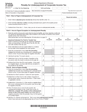 Indiana IT-2220 Penalty for Underpayment of Corporate Income Tax