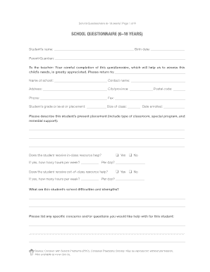 School Questionnaire for Pediatric Assessment