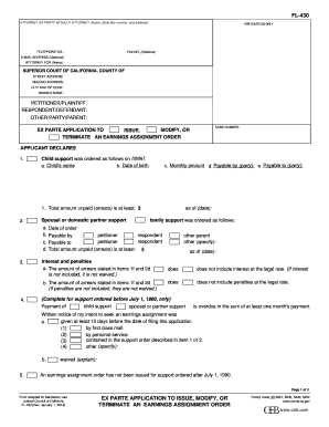 Ex Parte Application to Issue Modify or Terminate an Earnings Assignment Order