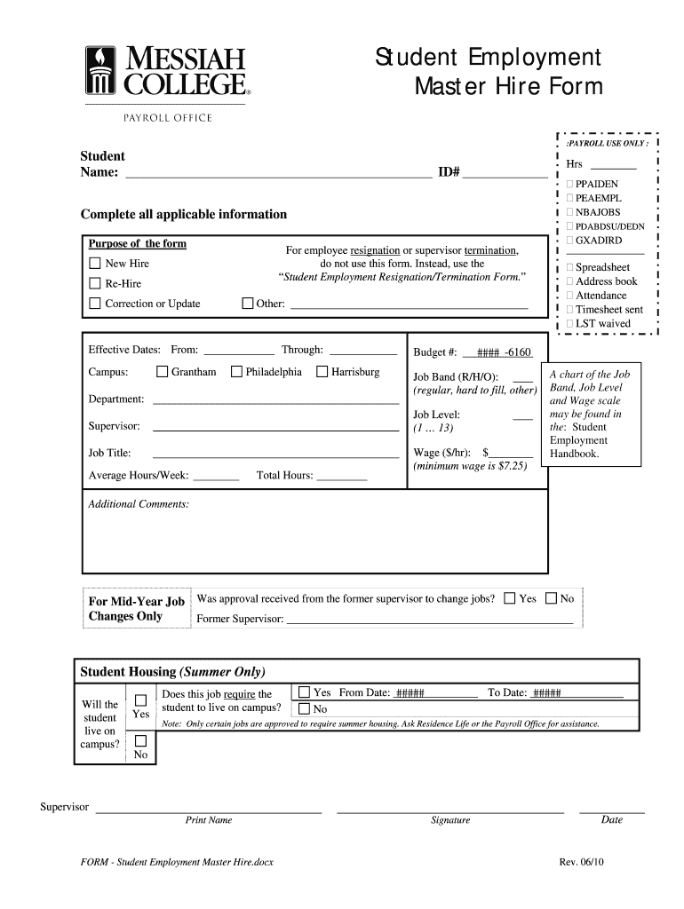 Fillable Online messiah FORM - Student Employment Master Hiredocx Fax ...