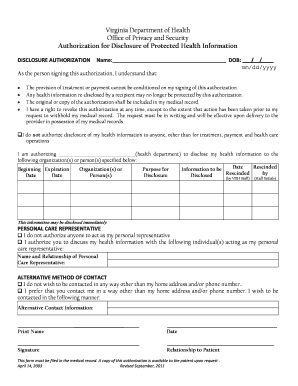 Virginia Health Information Disclosure Authorization