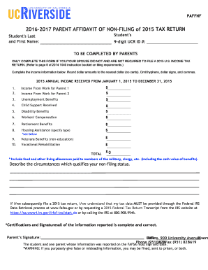 Parent Affidavit of Non-Filing of 2015 Tax Return