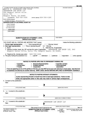 Substitution of Attorney Civil Case Form