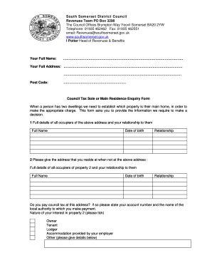 Council Tax Sole or Main Residence Enquiry Form