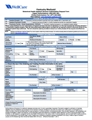 Kentucky Medicaid Behavioral Health Inpatient Services Authorization Request Form