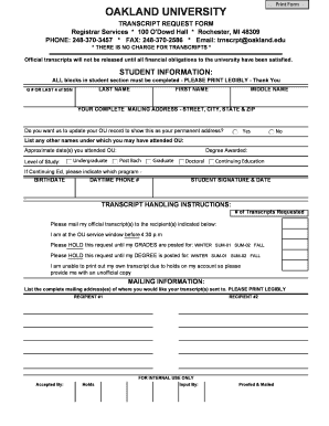 Oakland University Transcript Request Form