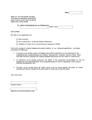 Letter of Undertaking for Shipment under LC
