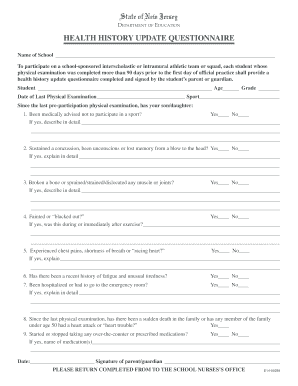 New Jersey Health History Update Questionnaire
