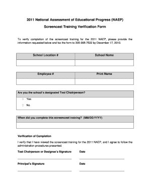 2011 NAEP Screencast Training Verification Form