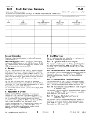 California Credit Carryover Summary Form 3540