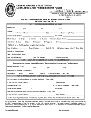 Cement Masons & Plasterers Medical Claim Form