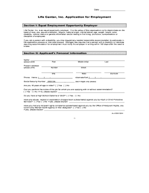 Life Center Employment Application