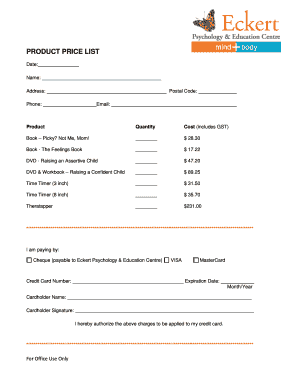 Product Price List Order Form