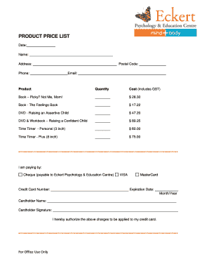 Product Price List Order Form