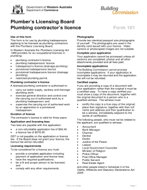 Plumbing Contractor Licence Application Form 101
