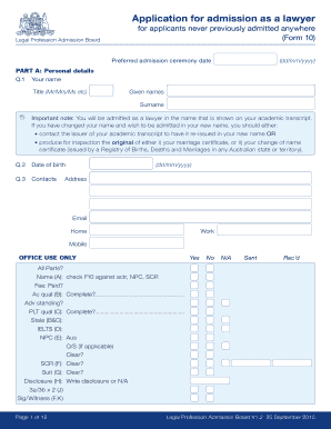 BFormb 10 Application for Admission as a Lawyer - Legal Profession bb