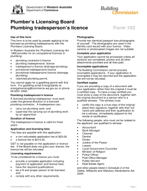 Plumbing Tradesperson Licence Application Form 102