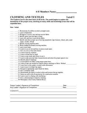 4-H Clothing and Textiles Project Completion Form