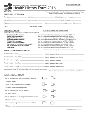 Roanoke County Health History Form
