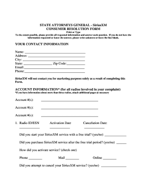 SiriusXM Consumer Resolution Form