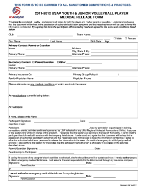 USAV Youth Junior Volleyball Player Medical Release Form
