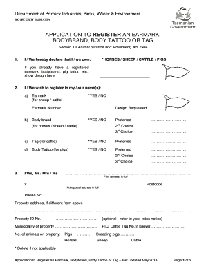 Application to Register an Earmark, Bodybrand, Body Tattoo or Tag