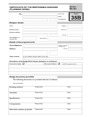 Certificate of the Responsible Designer for Plumbing Work
