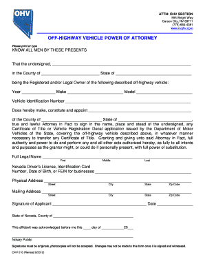 Nevada Off-Highway Vehicle Power of Attorney
