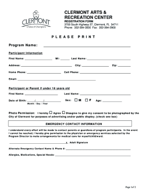 Clermont Arts Recreation Registration Form