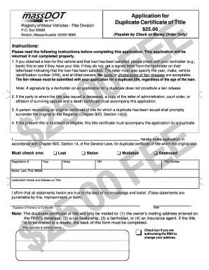 Massachusetts Duplicate Certificate of Title Application