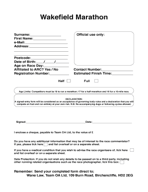 Wakefield Marathon Registration Form
