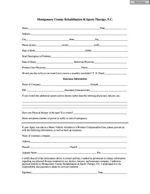 Patient Intake Form for Physical Therapy