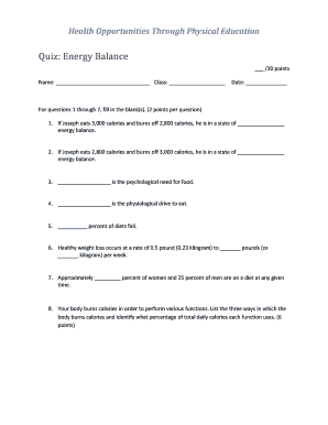 Energy Balance Quiz
