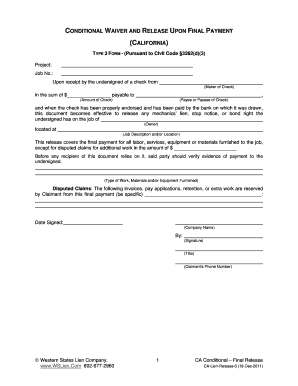 Fillable Online California Conditional Waiver and Release Upon Final ...