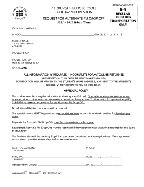 Pittsburgh Public Schools K-5 Alternate PM Drop-Off Request