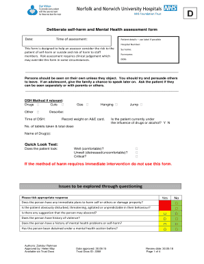 Deliberate Self-Harm and Mental Health Assessment Form