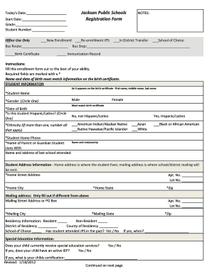 Jackson Public Schools Student Registration Form