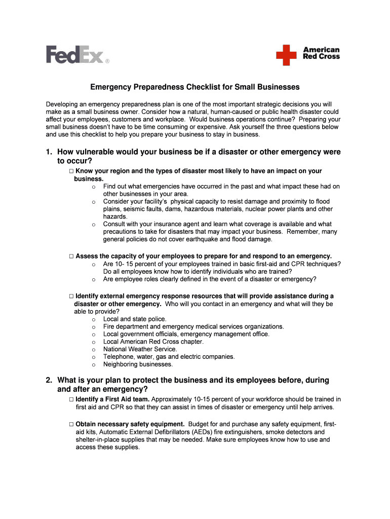 Fillable Online Emergency Preparedness Checklist for Small Businesses