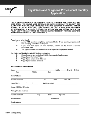 Physicians and Surgeons Professional Liability Application