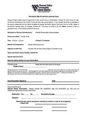 Fillable Online pleasval k12 ia Permission Slip for Service-Learning ...