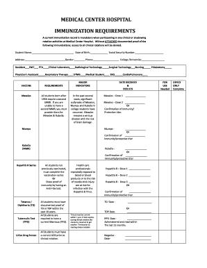 Medical Center Hospital Immunization Requirements Form