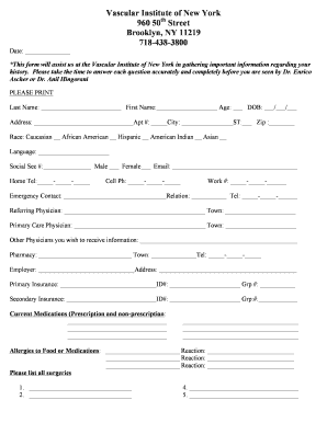 Vascular Institute of New York Patient Intake Form